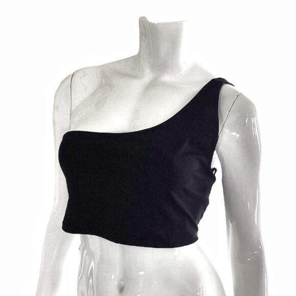 ZARA Black One Shoulder Crop Top with Zipper Size L Holiday Party Rocker Gothic - Picture 1 of 7